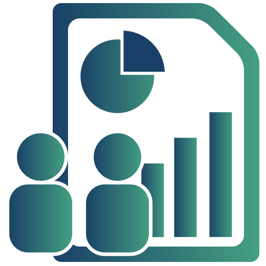 Icon: Ein stilisiertes Blatt Papier mit einem Balkendiagramm mit 3 Balken und einem Kreisdiagramm in der linken oberen Ecke. Davor, links unten, zwei stilisierte Personen.