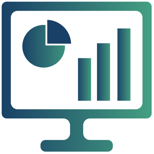 Icon: Ein stilisierter Monitor mit einem Balkendiagramm mit 3 Balken und einem Kreisdiagramm in der linken oberen Ecke.