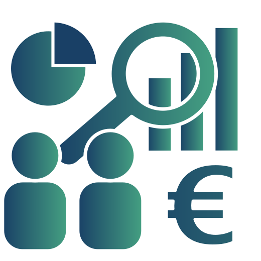 Icon: Ein Balkendiagramm mit 3 Balken, davor eine Lupe, darunter ein Eurozeichen. Links darüber ein Kreisdiagramm. Davor, links unten, zwei stilisierte Personen.