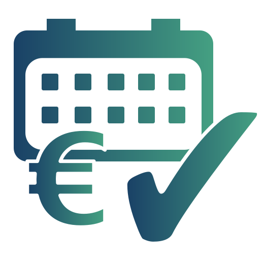 Icon: Ein stilisiertes Kalender. Links davor ein Eurozeichen, rechts daneben ein Haken.