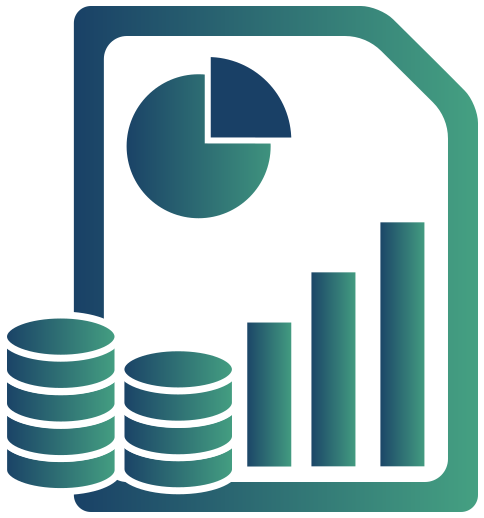 Icon: Ein stilisiertes Blatt Papier mit einem Balkendiagramm mit 3 Balken und einem Kreisdiagramm in der linken oberen Ecke. Davor, links unten, zwei Stapel Münzen.