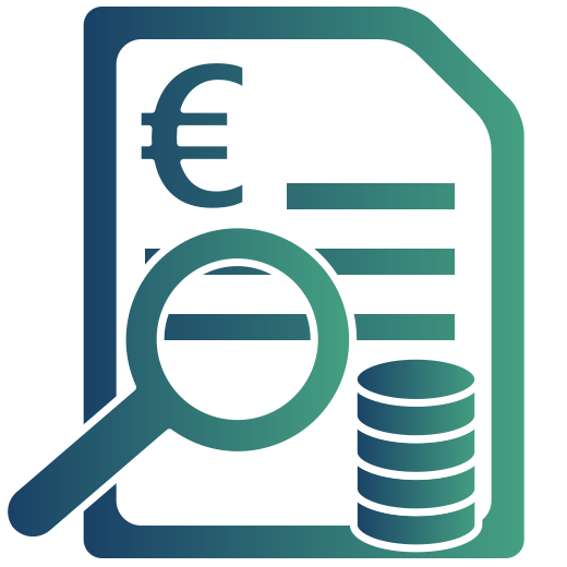 Icon: Ein stilisiertes Blatt Papier mit 3 Zeilen Schrift und einem Eurozeichen in der linken oberen Ecke. Davor, links unten, eine Lupe. Rechts davon ein Stapel Münzen.
