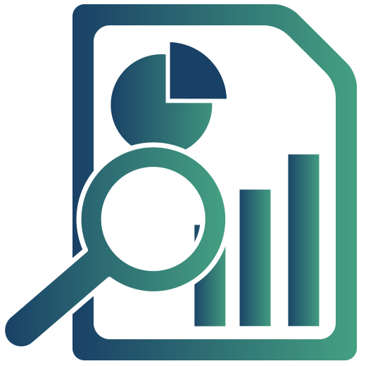 Icon: Ein stilisiertes Blatt Papier mit einem Balkendiagramm mit 3 Balken und einem Kreisdiagramm in der linken oberen Ecke. Davor, links unten, eine Lupe.